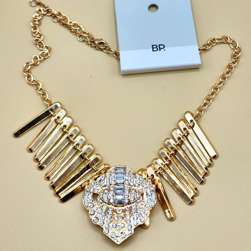 NEW Statement Polished Gold Fringe Rhinestone Center Dressy Runway Necklace